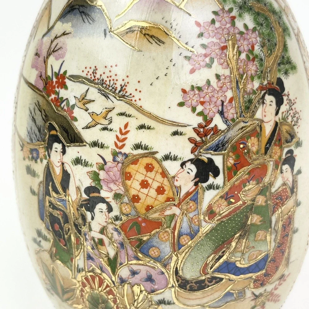 Vtg Royal Satsuma Egg Hand Painted Geisha Porcelain Gilded Hand Painted 6